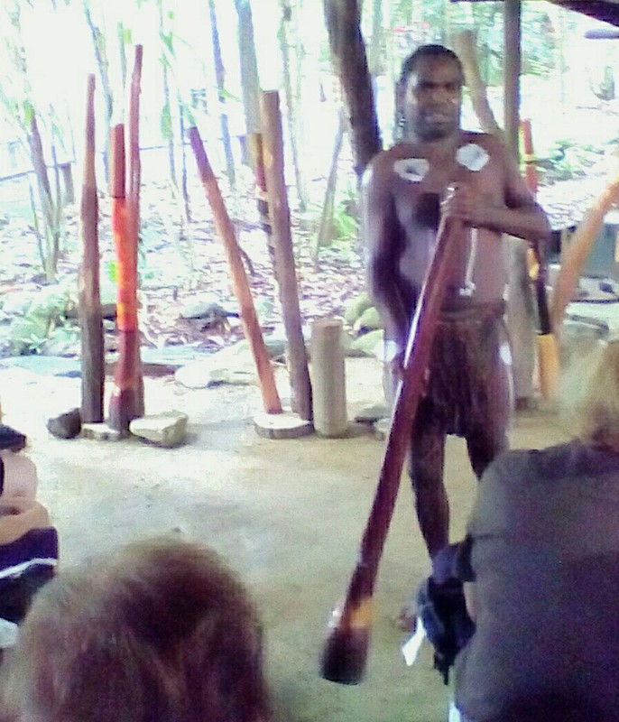 Demonstration of the didjeridu, an instrument used in ceremonies. it is a hollowed out small tree
