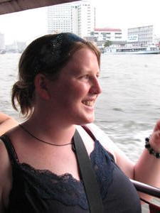 Rach on boat in bangkok on way to Wat Po 