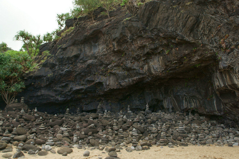 Hanakapiai beach, lots of cairns 