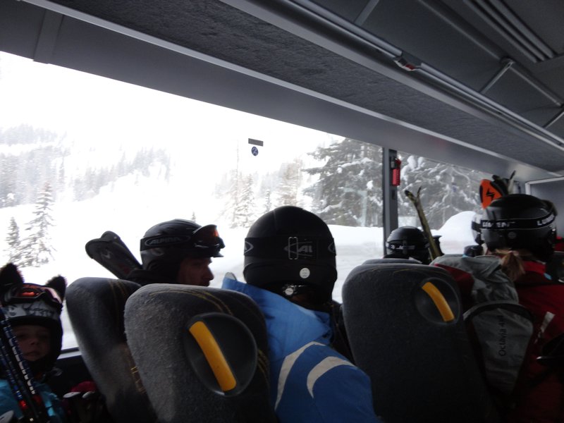 on the bus going to the ski lodge