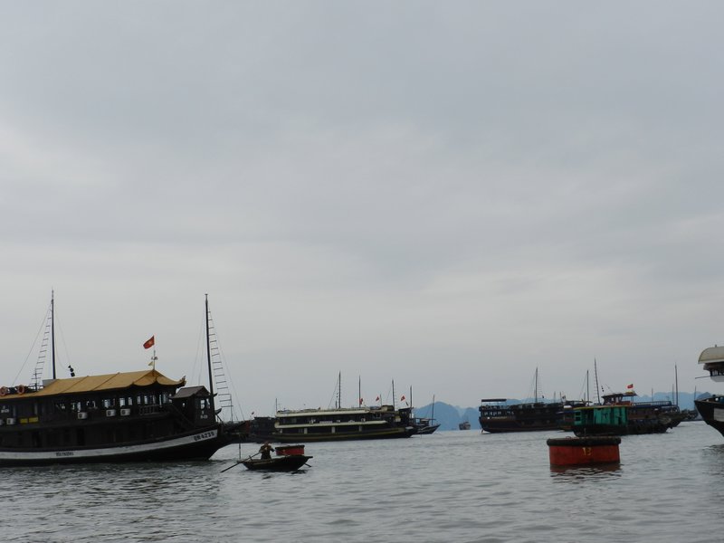 the wharf of Halong bay  full of junk boats for tourists 