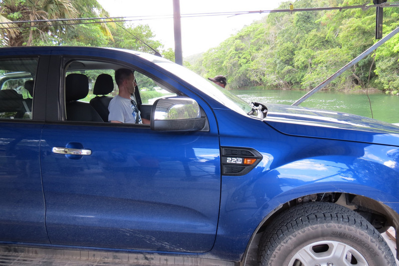 Pedro in the Ford Ranger on the Ferry to Xunantunich