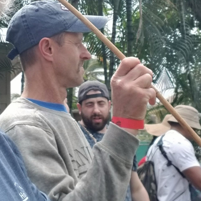Pedro prepares to throw the spear at Polynesian Cultural Center
