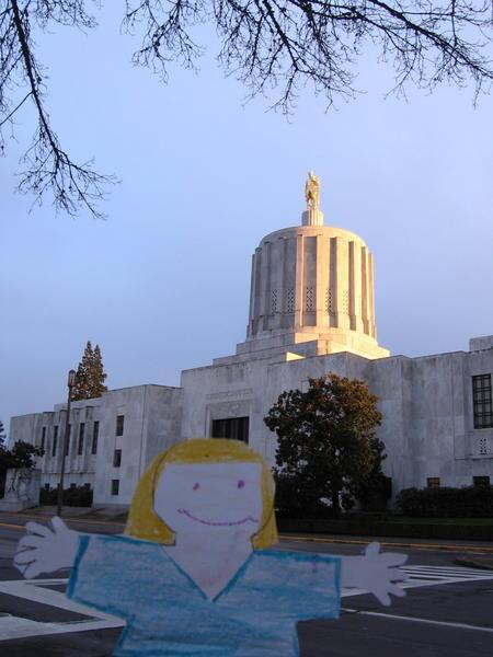 Stanley in front of the Oregon capital building