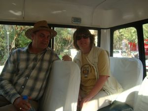 M & D on the Free Bus Back to the Taj Mahal at Dusk