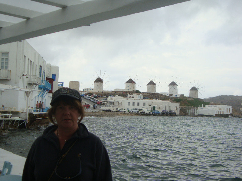 M with the Mykonos Windmills from Little Venice