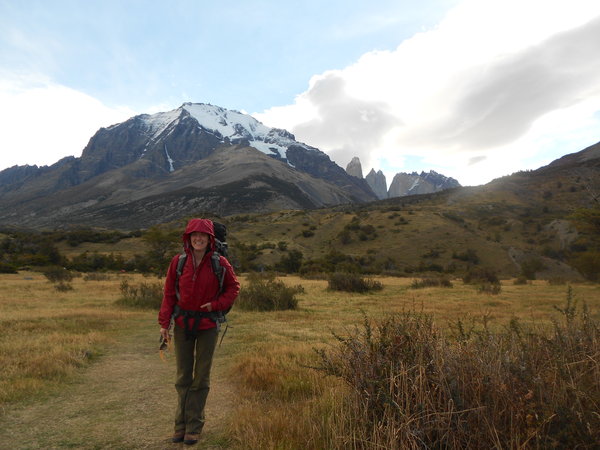 Sarah with glaciers and Torres del Paine in the background