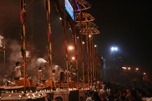 Big prayer "puja" to the ganges at night by the main ghat. 