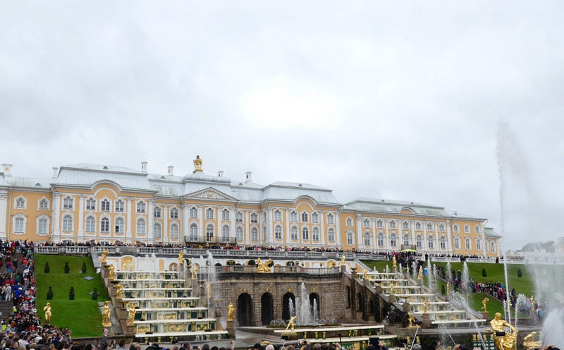 Rear view of Peterhof palace and fountains
