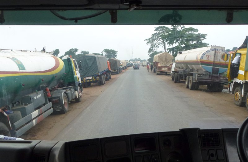 Trucks lined up waiting for petrol