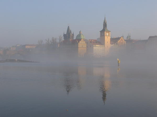 Old town through the mist