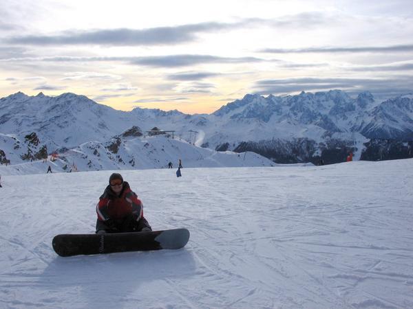 Snowboarding at sunset