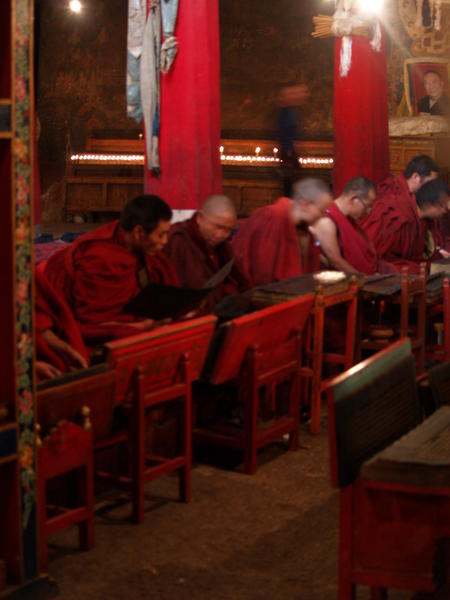 Monks in main assembly hall of Pelkor