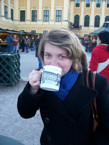 Katie, drinking some Apfel Gluhwein (sort of like apple cider, w/ a small amount of alcohol)