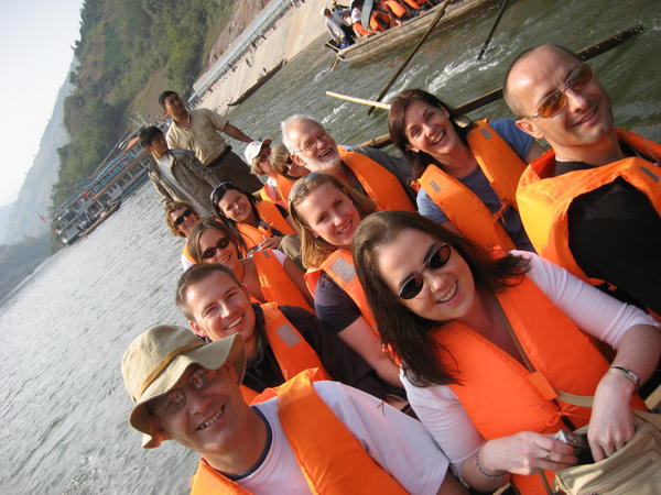 The group aboard a canoe down the Shenang Stream