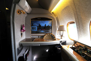 My cabin in first class on a Emirates aeroplane