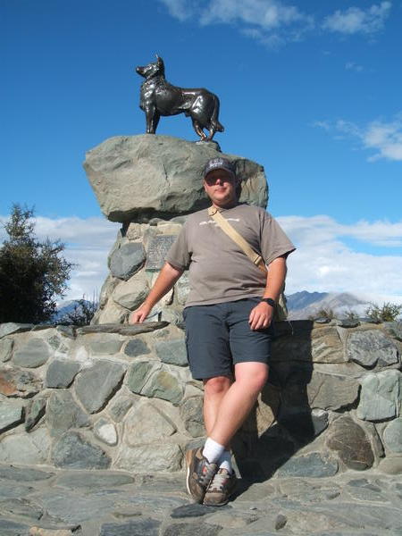 Me with the monument to the sheep dogs of Mackenzie Country