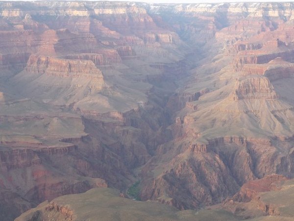 The Bright Angel Canyon which is a fault crossing the main Canyon from North to South. The green patch at its base is the Lodge by the river