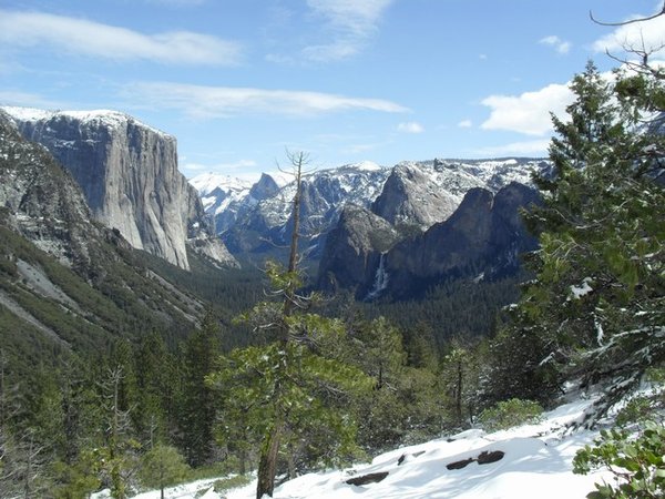 Yosemite Valley.  El Capitan on the left Half Dome in the background in the centre and  Bridalveil Falls on the right