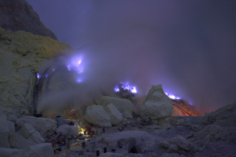 Blue fire and Sulphur on Ijen Volcano