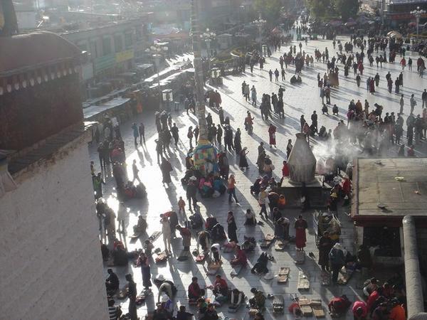 Prostrators in Barkhor square, viewed from Jokhang roof