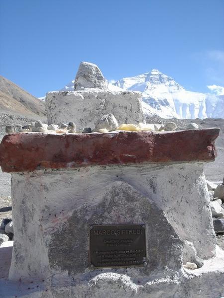 Shrine to French 23 year old who snowboarded down everest one year and then disappeared doing it again the next.