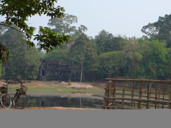 First glimpse of the Angkor ruins across the moat