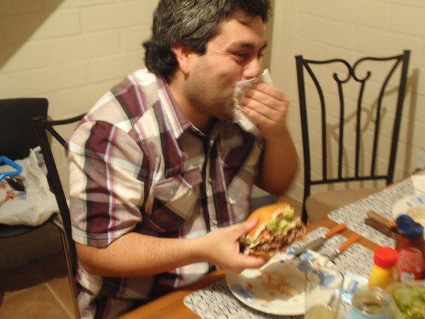 David enjoying a burger