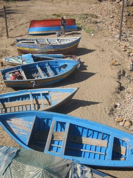 Some of the famous blue boats on the beach
