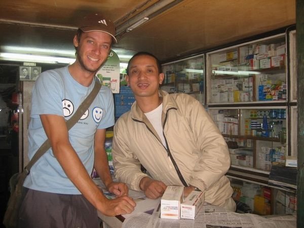 Joel at a local pharmacy stocking up on antibiotics, all available without a prescription!
