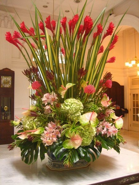Flowers in the lobby of the Raffles Hotel