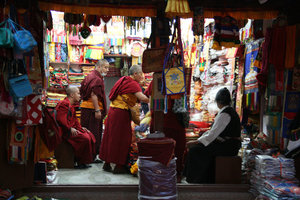 monks shopping around Bodhanath stupa