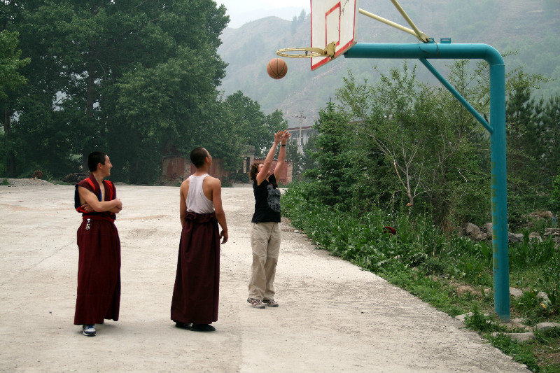 quick basketball game with the local monks