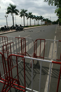 empty barricaded streets of Phnom Penh...