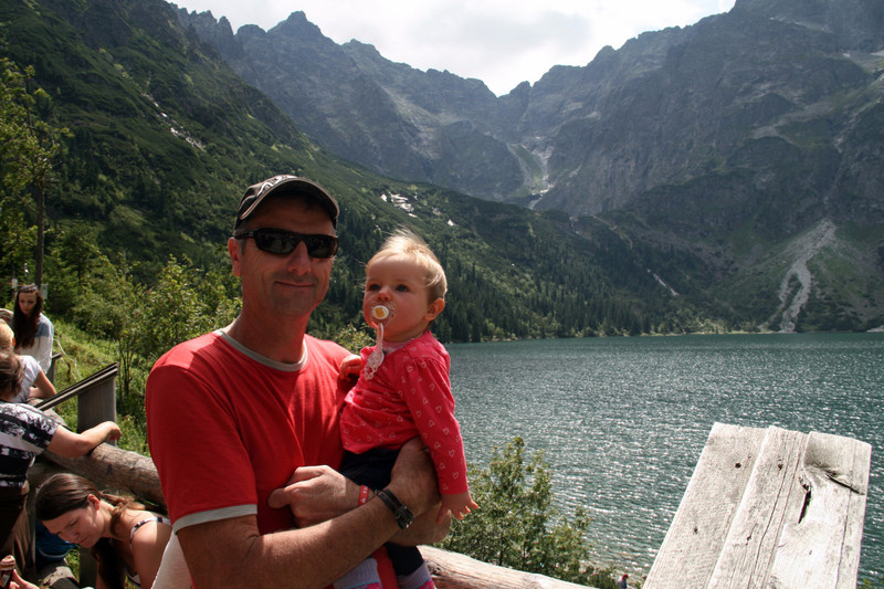 Grant and Millie at Morskie Oko, with Rysy (highest peak in Poland) in the background