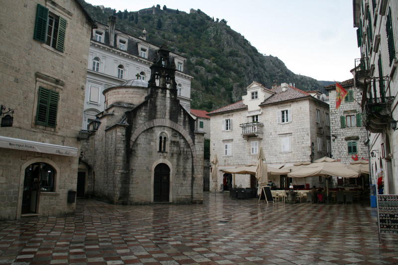 Main square in Kotor - not too many people around during rain...
