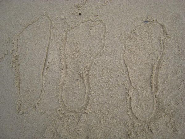 me, Heejjue and phil's footprints in the sand at Burliegh Head
