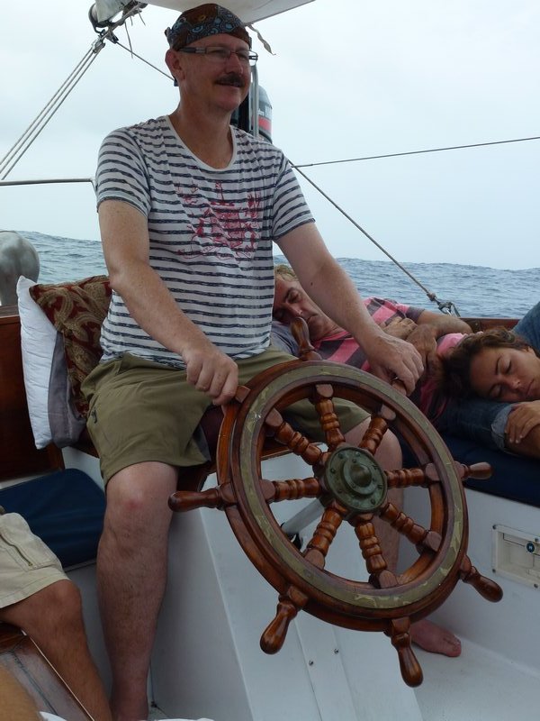 Leigh at the helm during our voyage 