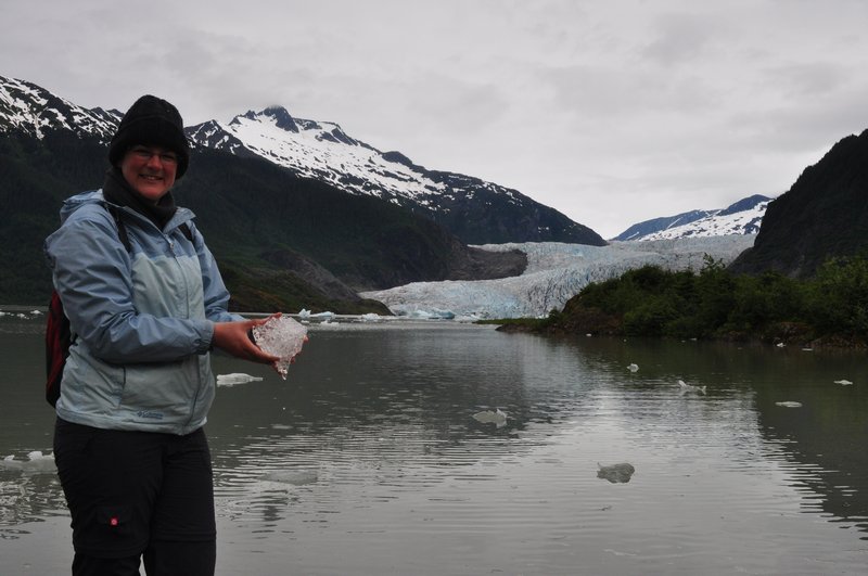 Kenz holding an iceberg from Mendenhall Glacier