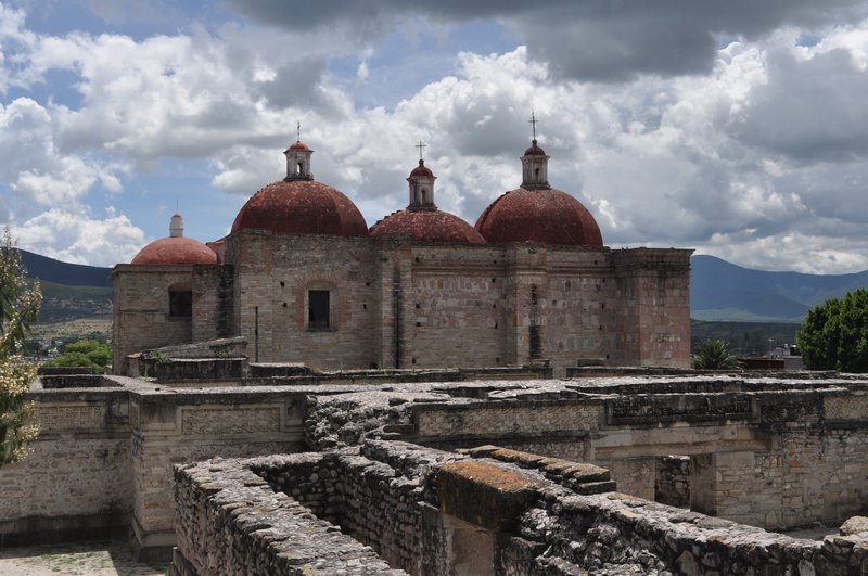 Cathedral built on top of the Mayan temple at Mitla - the wall is part of the original temple