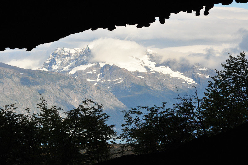 Looking out at Torres del Paine mountains from the Mastodon Cave