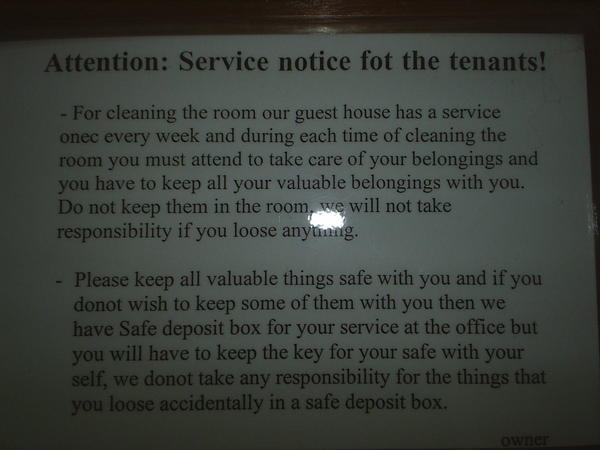The notice on our wall in the "Safe" House