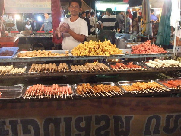 and sausages and kebabs on sticks