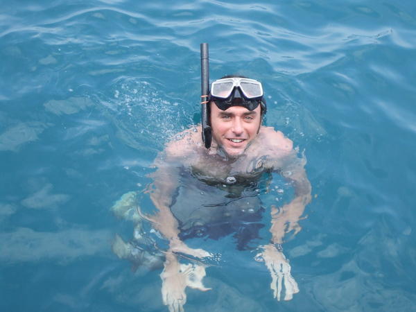 Kris being reckless and snorkelling without the safety of a life jacket.