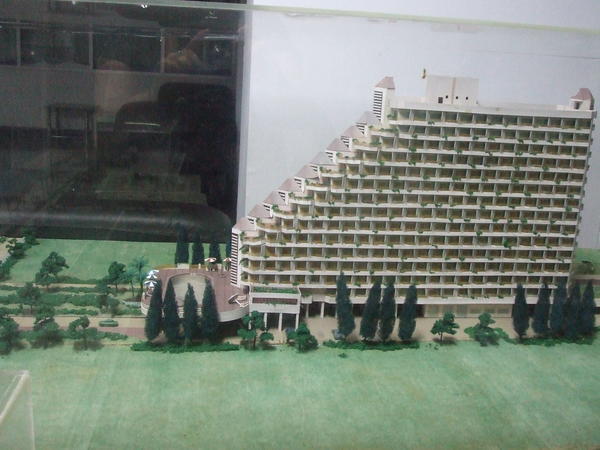 A strange model of our hotel thats in the lobby