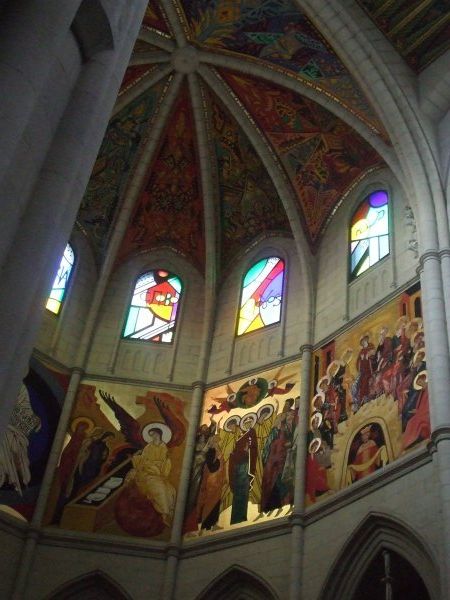 Modern stained glass with old style paintings