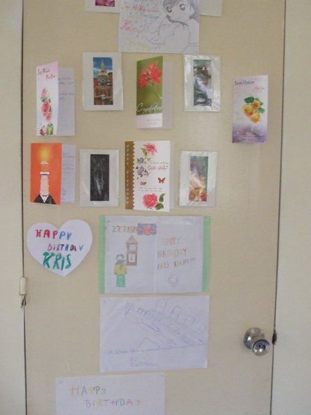 A door full of birthday greetings from students