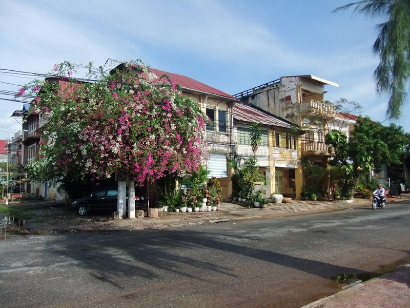 Colonial style buildings along the river in Kampot