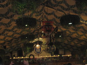 little beer man hanging from the tent ceiling...