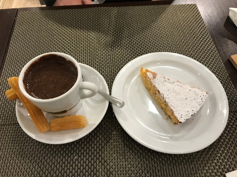 Hot chocolate, churros and Torta de Santiago (almond tart)